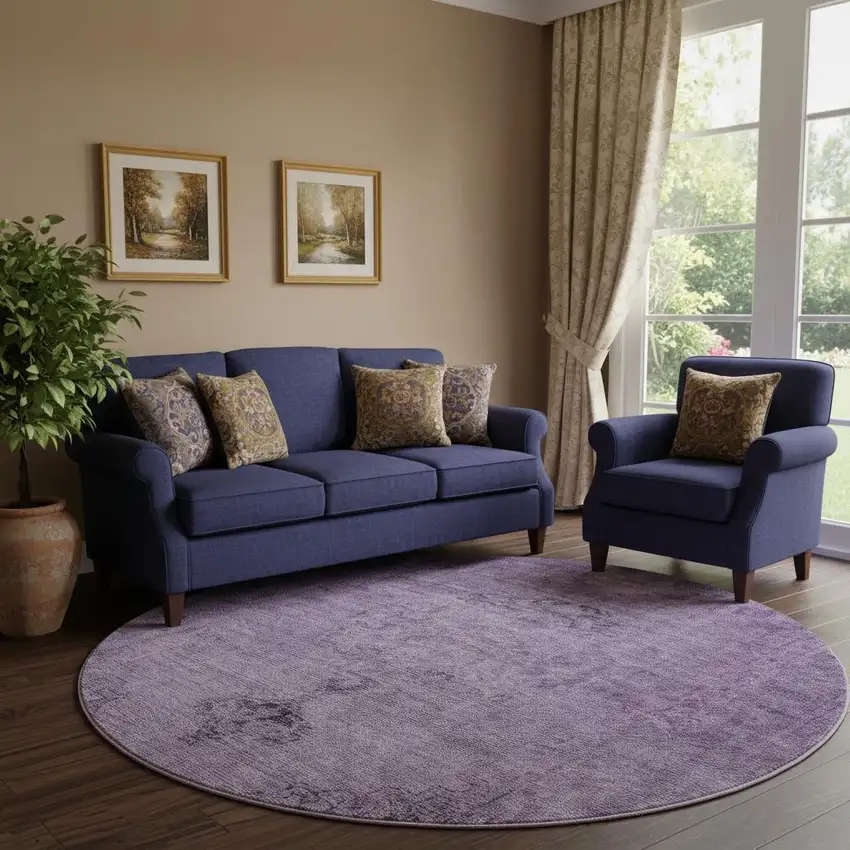 8' Purple And Ivory Oriental Washable Round Rug With UV Protection Photo 1