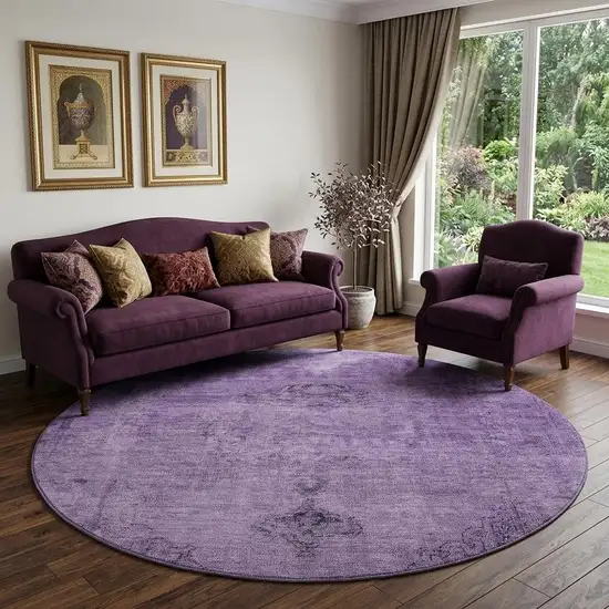 8' Purple And Ivory Oriental Washable Round Rug With UV Protection Photo 1