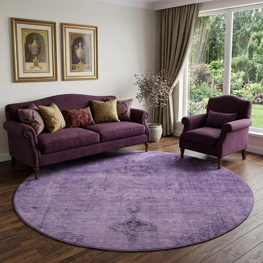8' Purple And Ivory Oriental Washable Round Rug With UV Protection Photo 1