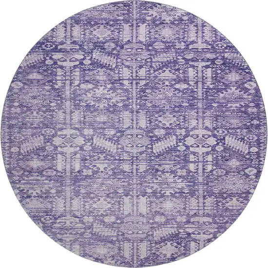 8' Purple And Ivory Oriental Washable Round Rug With UV Protection Photo 1