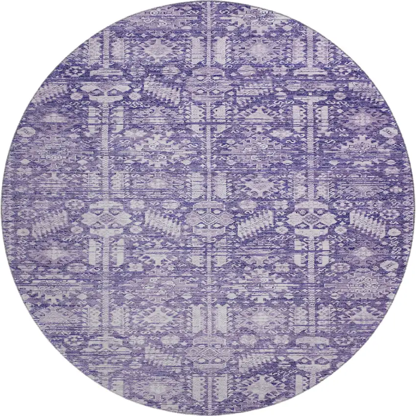 8' Purple And Ivory Oriental Washable Round Rug With UV Protection Photo 1