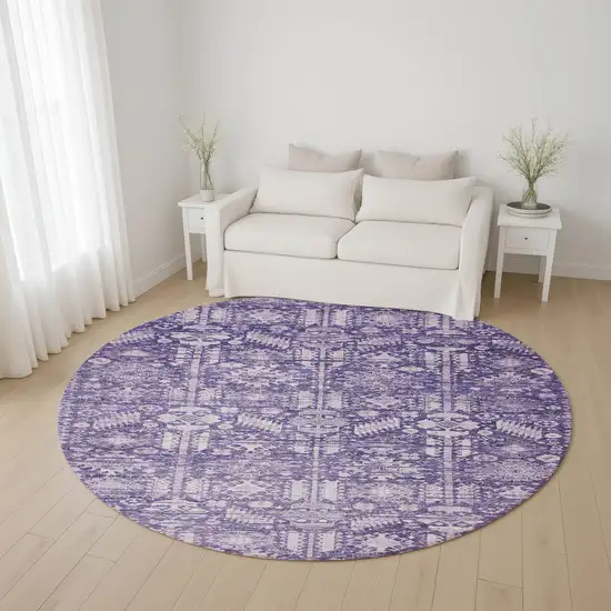 8' Purple And Ivory Oriental Washable Round Rug With UV Protection Photo 4