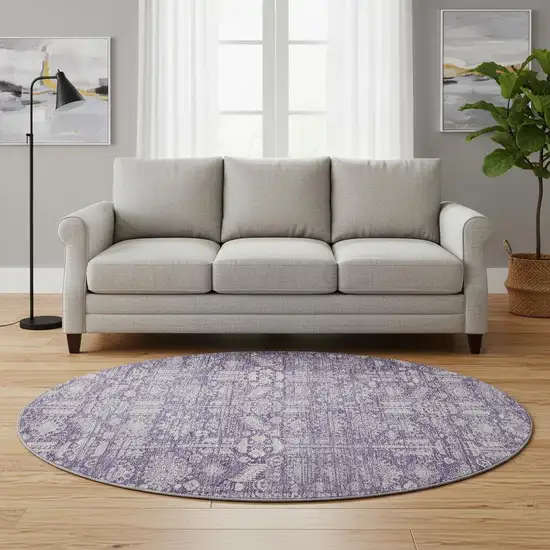8' Purple And Ivory Oriental Washable Round Rug With UV Protection Photo 2