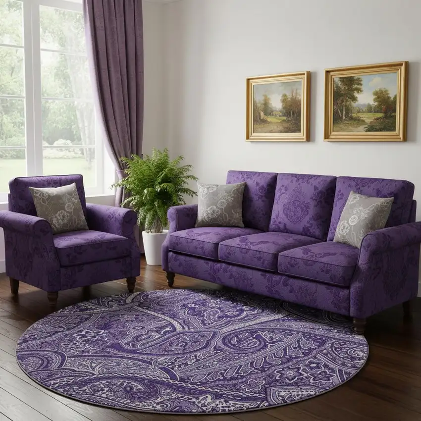8' Purple And Ivory Paisley Washable Round Rug With UV Protection Photo 1
