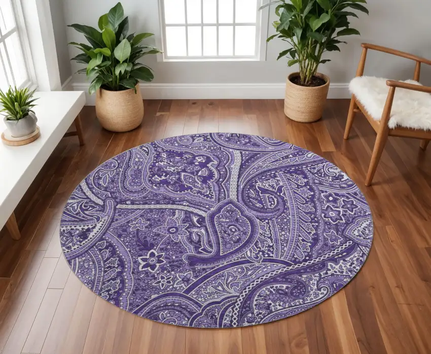 8' Purple And Ivory Paisley Washable Round Rug With UV Protection Photo 2