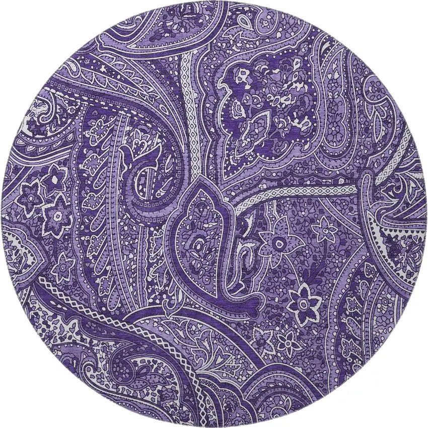 8' Purple And Ivory Paisley Washable Round Rug With UV Protection Photo 4