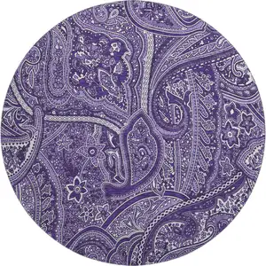 Photo of 8' Purple And Ivory Paisley Washable Round Rug With UV Protection