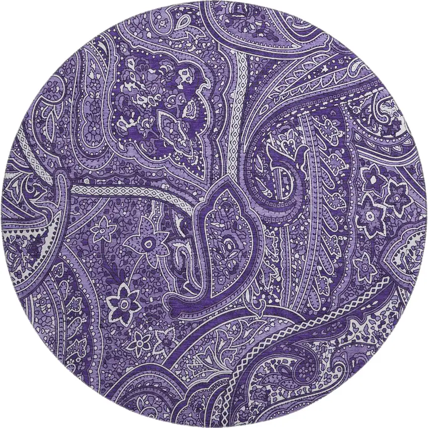 8' Purple And Ivory Paisley Washable Round Rug With UV Protection Photo 1