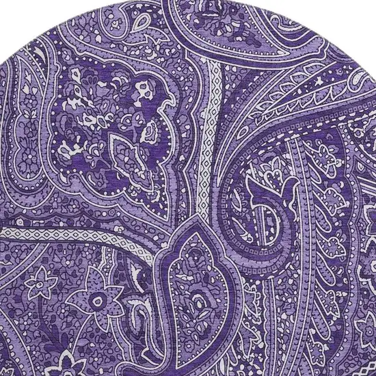 8' Purple And Ivory Paisley Washable Round Rug With UV Protection Photo 3