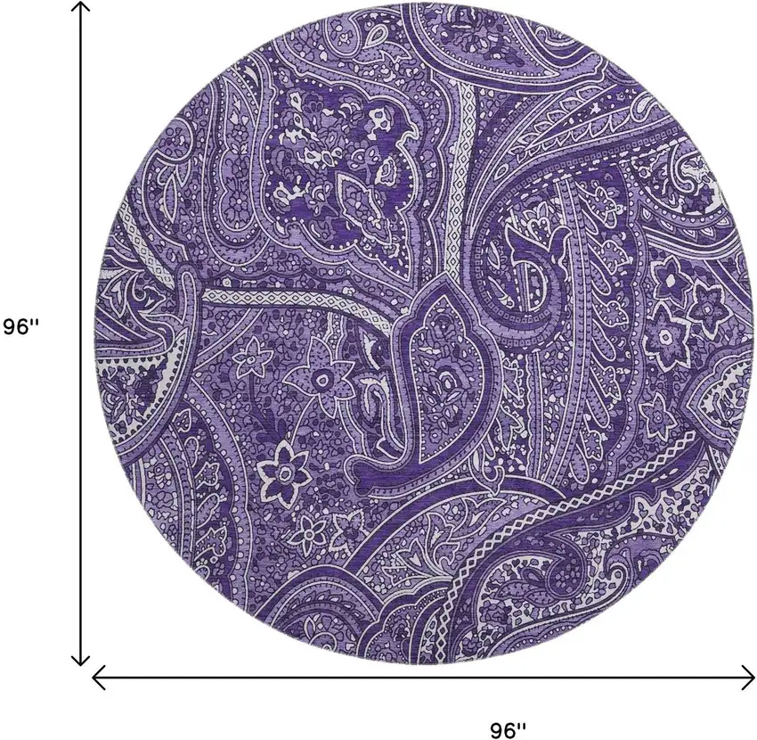 8' Purple And Ivory Paisley Washable Round Rug With UV Protection Photo 3