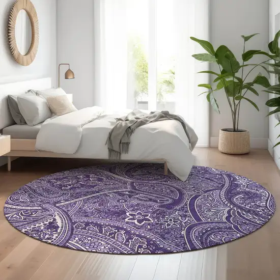 8' Purple And Ivory Paisley Washable Round Rug With UV Protection Photo 5