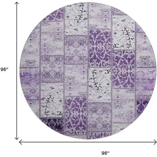 8' Purple And Ivory Patchwork Distressed Washable Round Rug With UV Protection Photo 9