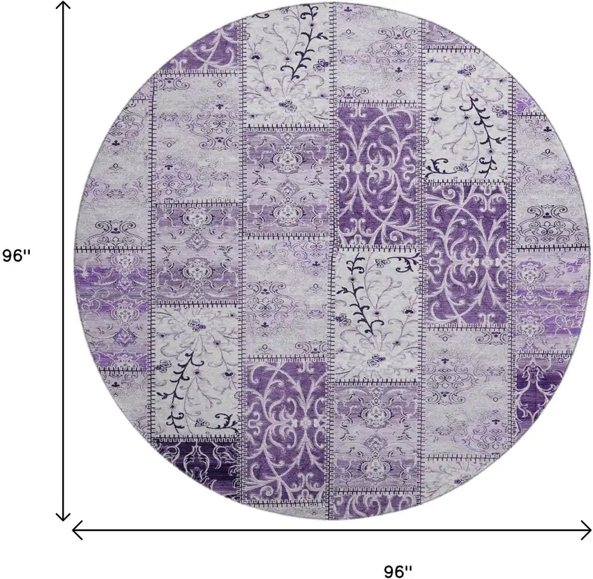 8' Purple And Ivory Patchwork Distressed Washable Round Rug With UV Protection Photo 9
