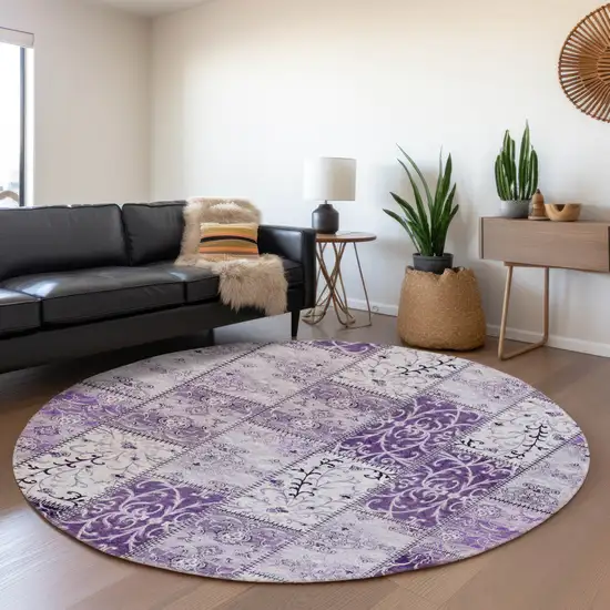 8' Purple And Ivory Patchwork Washable Round Rug With UV Protection Photo 5
