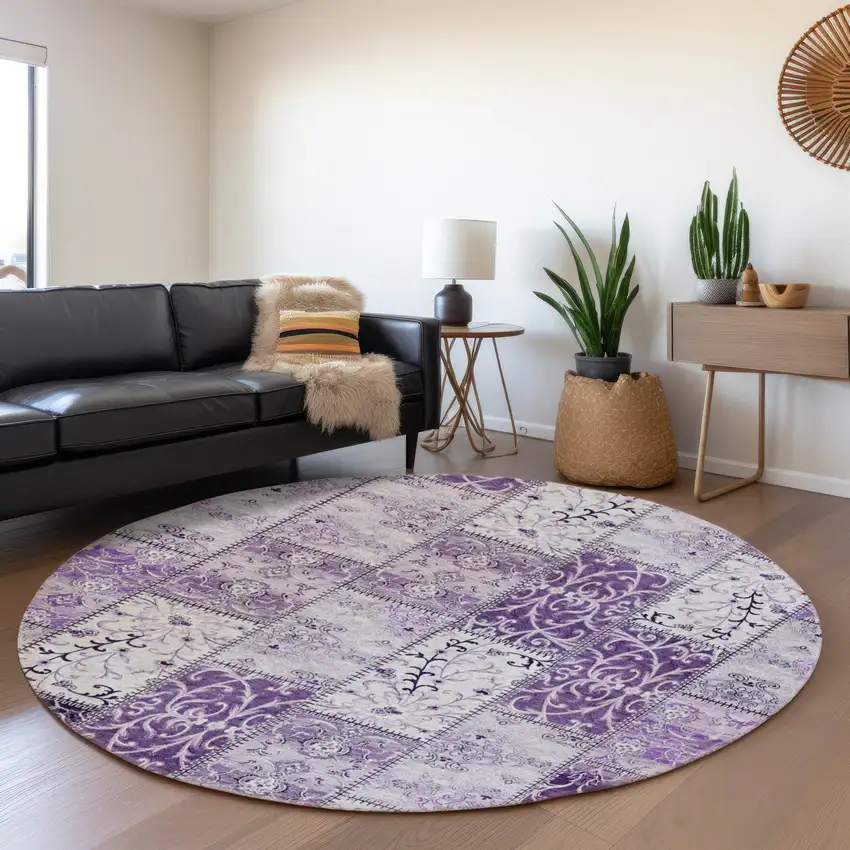 8' Purple And Ivory Patchwork Washable Round Rug With UV Protection Photo 5