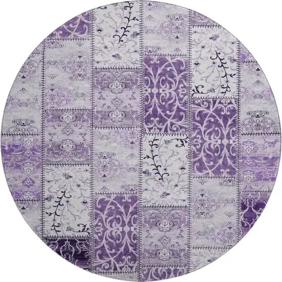 8' Purple And Ivory Patchwork Distressed Washable Round Rug With UV Protection Photo 2