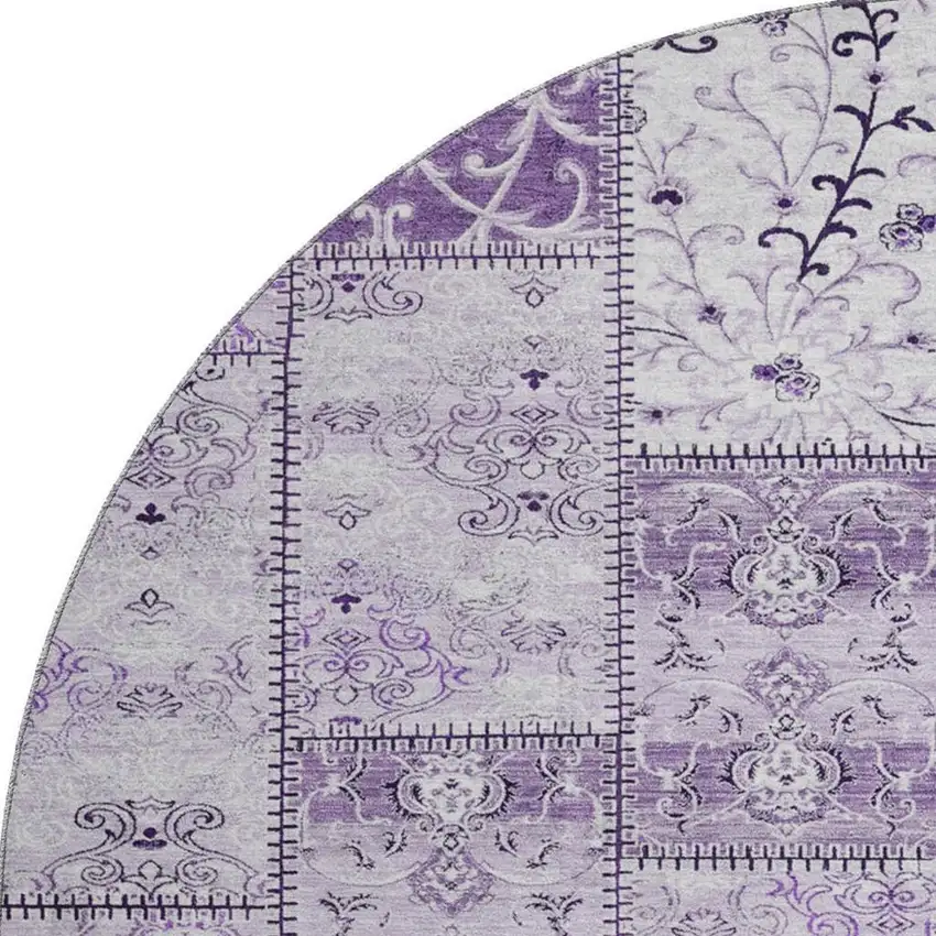 8' Purple And Ivory Patchwork Distressed Washable Round Rug With UV Protection Photo 4