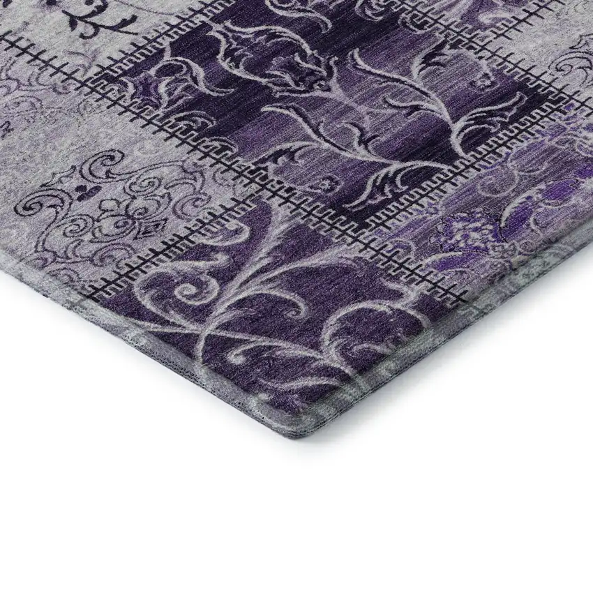 8' Purple And Ivory Patchwork Distressed Washable Round Rug With UV Protection Photo 6