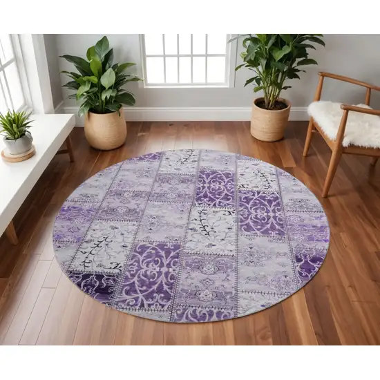 8' Purple And Ivory Patchwork Washable Round Rug With UV Protection Photo 2