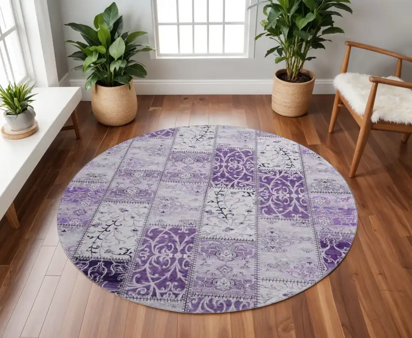 8' Purple And Ivory Patchwork Washable Round Rug With UV Protection Photo 2