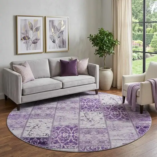 8' Purple And Ivory Patchwork Distressed Washable Round Rug With UV Protection Photo 1