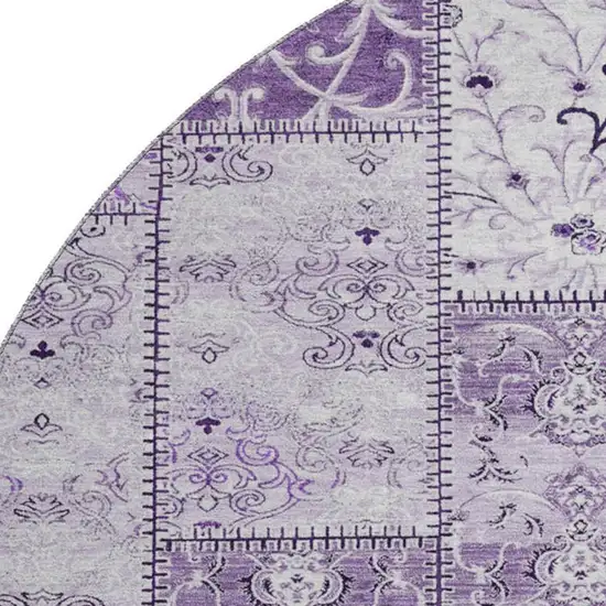 8' Purple And Ivory Patchwork Distressed Washable Round Rug With UV Protection Photo 3