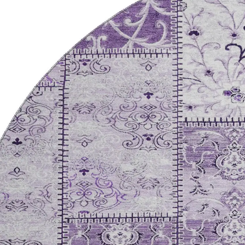 8' Purple And Ivory Patchwork Distressed Washable Round Rug With UV Protection Photo 3