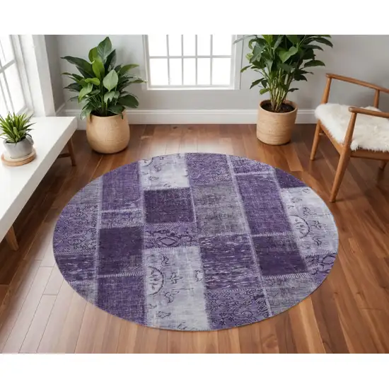 8' Purple And Ivory Patchwork Washable Round Rug With UV Protection Photo 2