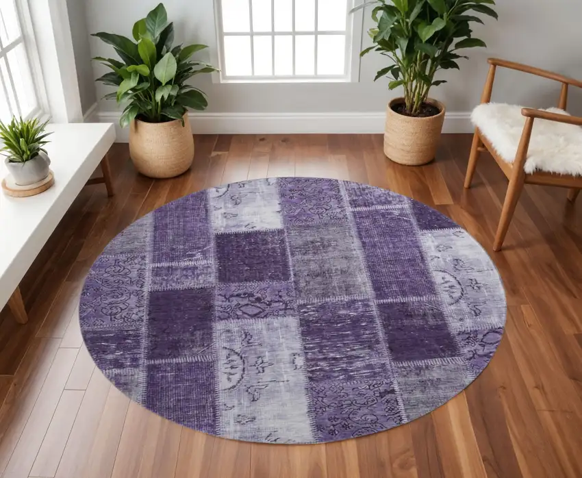 8' Purple And Ivory Patchwork Washable Round Rug With UV Protection Photo 2