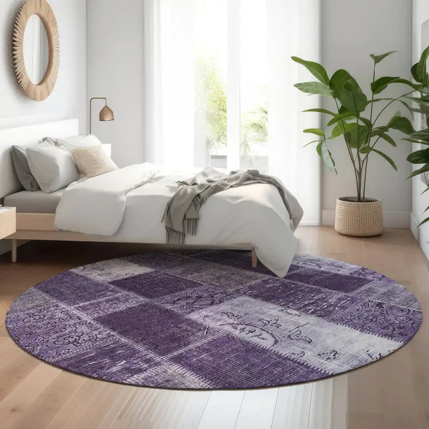8' Purple And Ivory Patchwork Washable Round Rug With UV Protection Photo 4