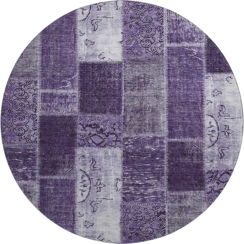 8' Purple And Ivory Patchwork Washable Round Rug With UV Protection Photo 1