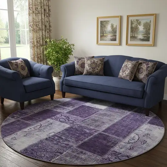 8' Purple And Ivory Patchwork Washable Round Rug With UV Protection Photo 1