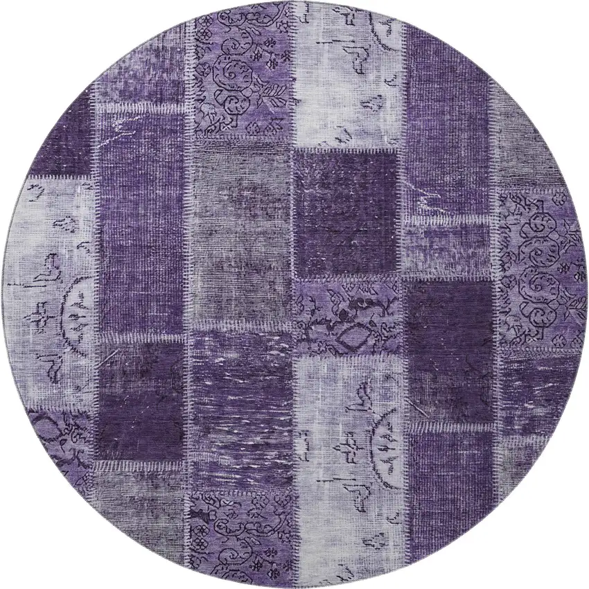 8' Purple And Ivory Patchwork Washable Round Rug With UV Protection Photo 3