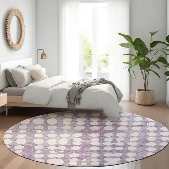 8' Purple And Ivory Polka Dot Washable Round Rug With UV Protection Photo 5