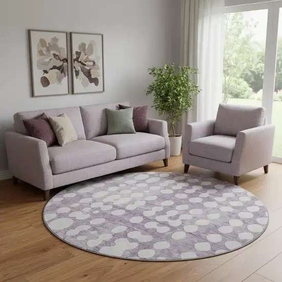 8' Purple And Ivory Polka Dot Washable Round Rug With UV Protection Photo 1
