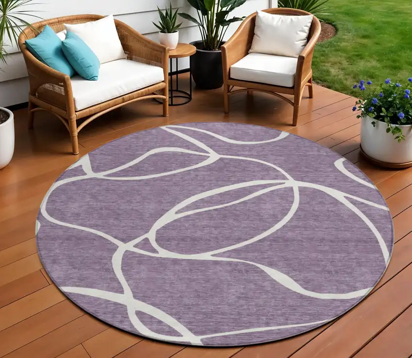 8' Purple And Ivory Round Abstract Washable Indoor Outdoor Area Rug Photo 1