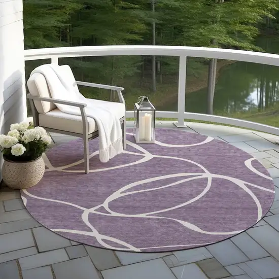 8' Purple And Ivory Round Abstract Washable Indoor Outdoor Area Rug Photo 7