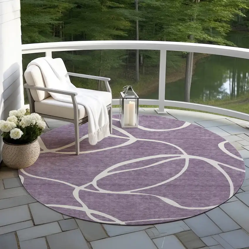 8' Purple And Ivory Round Abstract Washable Indoor Outdoor Area Rug Photo 7