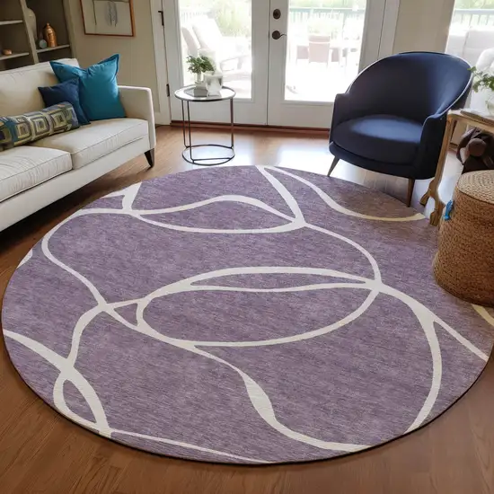 8' Purple And Ivory Round Abstract Washable Indoor Outdoor Area Rug Photo 8
