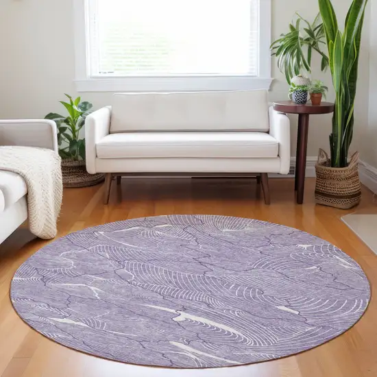 8' Purple And Ivory Round Abstract Washable Indoor Outdoor Area Rug Photo 8