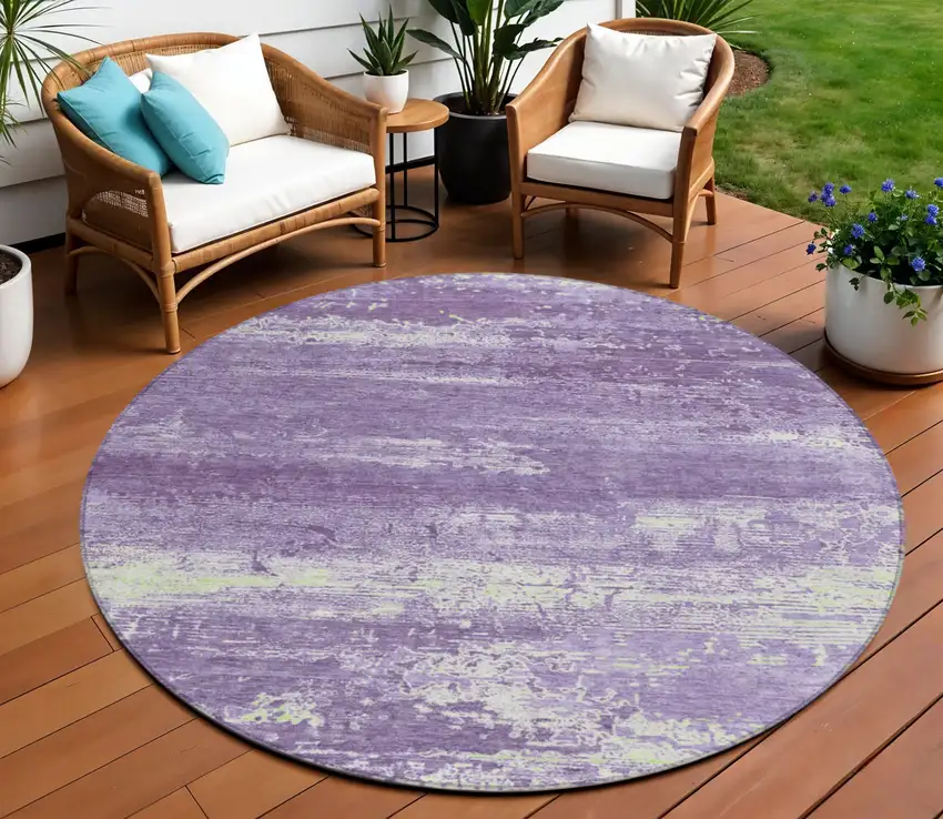 8' Purple And Ivory Round Abstract Washable Indoor Outdoor Area Rug Photo 2