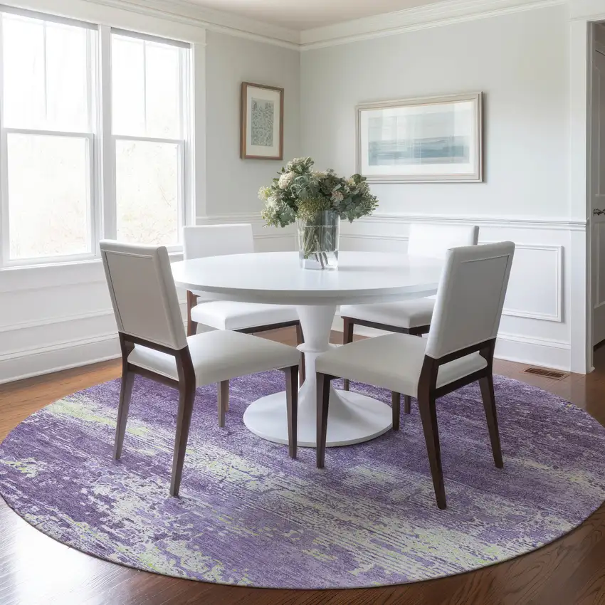 8' Purple And Ivory Round Abstract Washable Indoor Outdoor Area Rug Photo 6