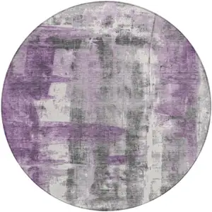 Photo of 8' Purple And Ivory Round Abstract Washable Indoor Outdoor Area Rug