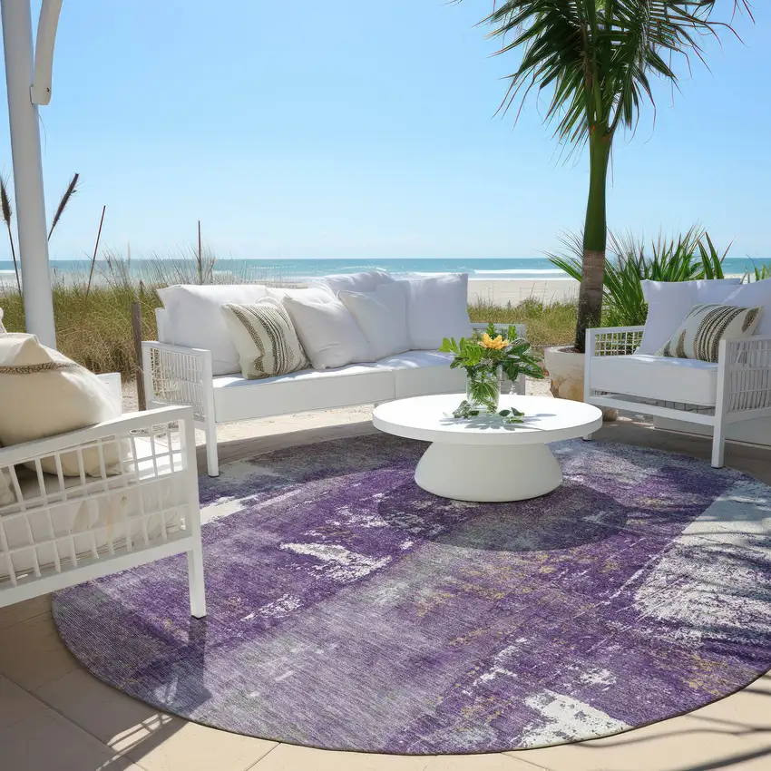 8' Purple And Ivory Round Abstract Washable Indoor Outdoor Area Rug Photo 5