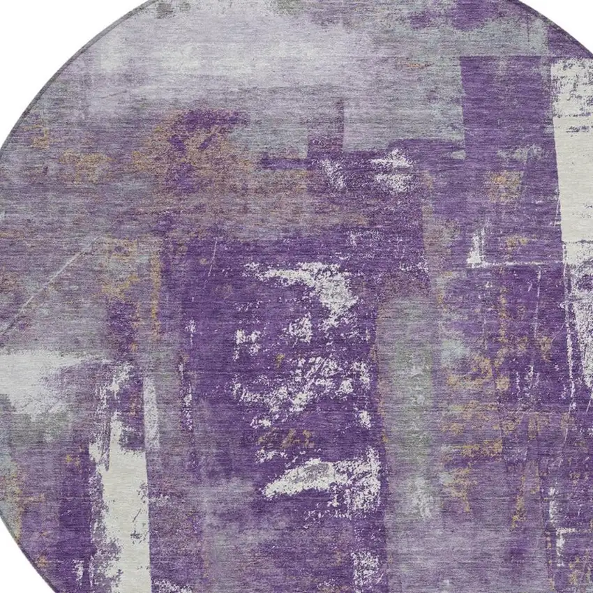 8' Purple And Ivory Round Abstract Washable Indoor Outdoor Area Rug Photo 4