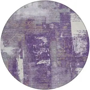 Photo of 8' Purple And Ivory Round Abstract Washable Indoor Outdoor Area Rug