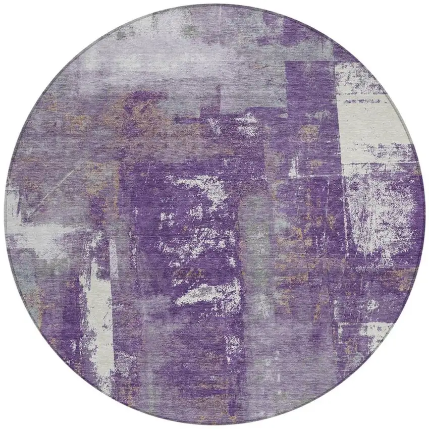 8' Purple And Ivory Round Abstract Washable Indoor Outdoor Area Rug Photo 3