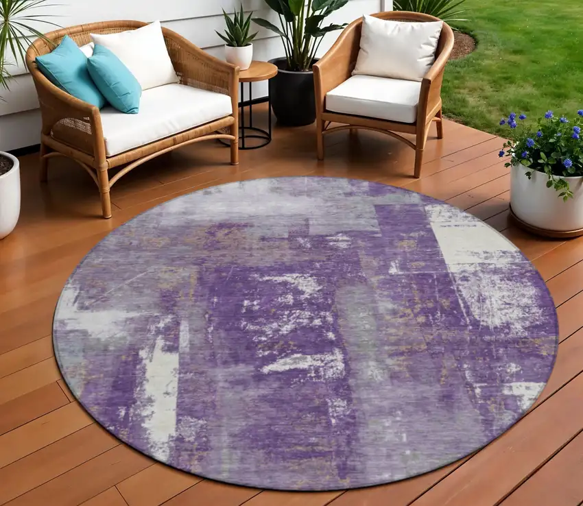 8' Purple And Ivory Round Abstract Washable Indoor Outdoor Area Rug Photo 2