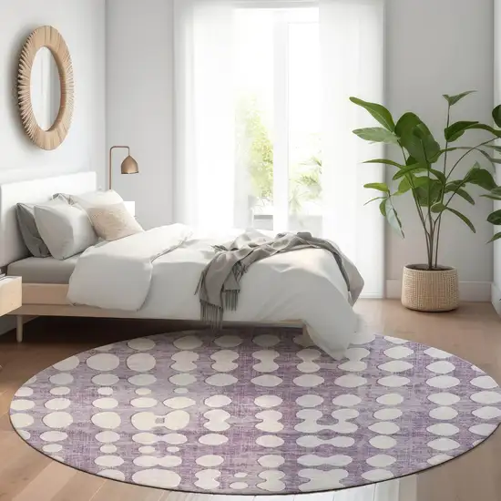 8' Purple And Ivory Round Abstract Washable Indoor Outdoor Area Rug Photo 7