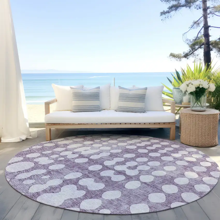 8' Purple And Ivory Round Abstract Washable Indoor Outdoor Area Rug Photo 6